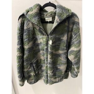 Offline by Aerie Camo Sherpa Fleece Full Zip Hoodie Jacket Green Womens Size M